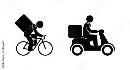 courier rides a moped icon, isolated pictogram man rides, food delivery sign, stick figure people