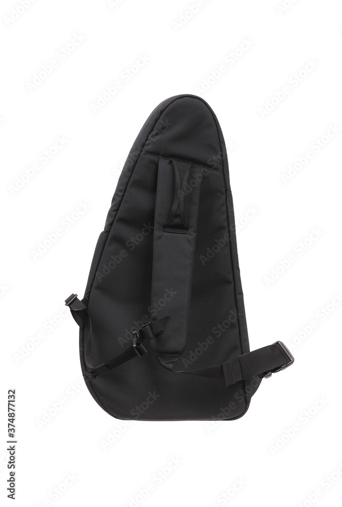 Fototapeta premium Small backpack with one shoulder strap. Black shoulder bag isolate on a white back.