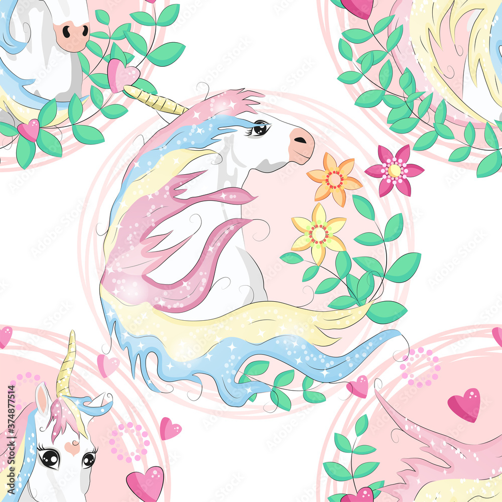 Fototapeta premium pattern with cute unicorns, clouds,rainbow and stars. Magic background with little unicorns