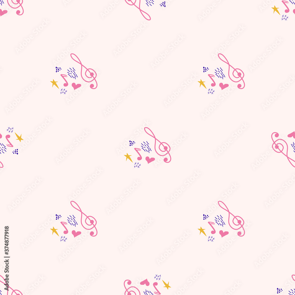 Cartoon cute doodles hand drawn Musical seamless pattern. Colorful detailed. Bright colors backdrop with music symbols and items Cartoon cute doodles hand drawn Musical seamless pattern. Colorful detailed. Bright colors backdrop with music symbols and items