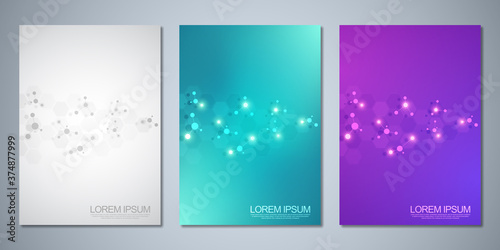 Templates brochure or cover book, page layout, flyer design with abstract background of molecular structures and DNA strand. Concept and idea for innovation technology, medical research, science.