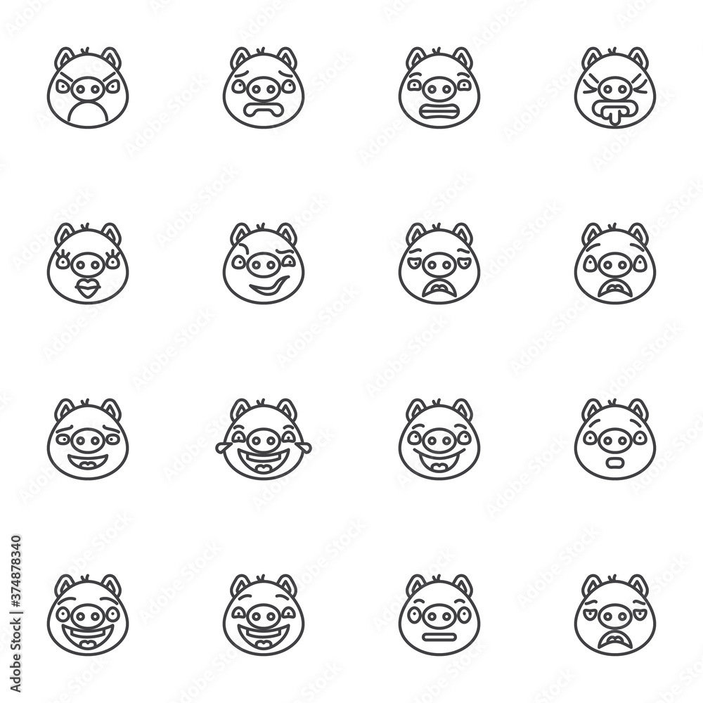 Pig face emoji line icons set, outline vector symbol collection, linear style pictogram pack. Signs logo illustration. Set includes icons as happy piggy face emoticon, laughing smiley, mood expression