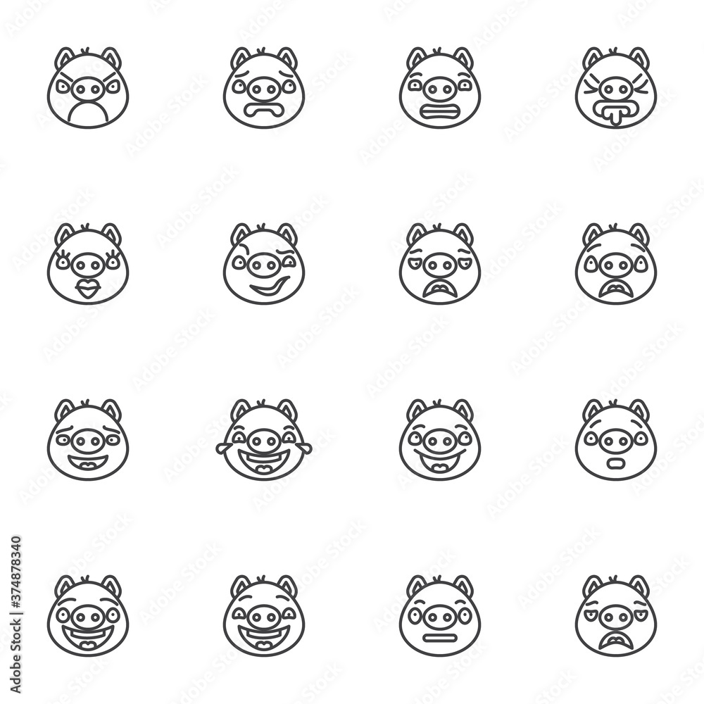 Pig face emoji line icons set, outline vector symbol collection, linear style pictogram pack. Signs logo illustration. Set includes icons as happy piggy face emoticon, laughing smiley, mood expression Pig face emoji line icons set, outline vector symbol collection, linear style pictogram pack. Signs logo illustration. Set includes icons as happy piggy face emoticon, laughing smiley, mood expression
