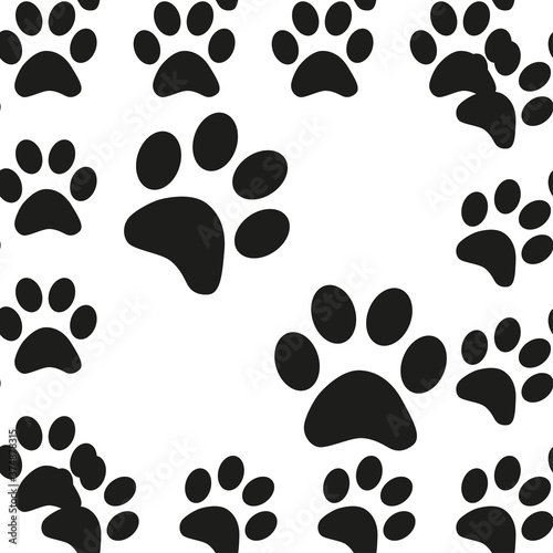 Black and white seamless pattern with paw prints. Abstract background, animal footprint, illustration.