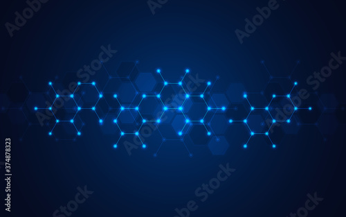 Abstract background of molecules. Molecular structures or chemical engineering, genetic research, innovation technology. Scientific, technical or medical concept.