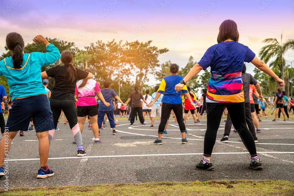 Fototapeta premium Group of people, woman exercising with aerobics dancing in the garden.