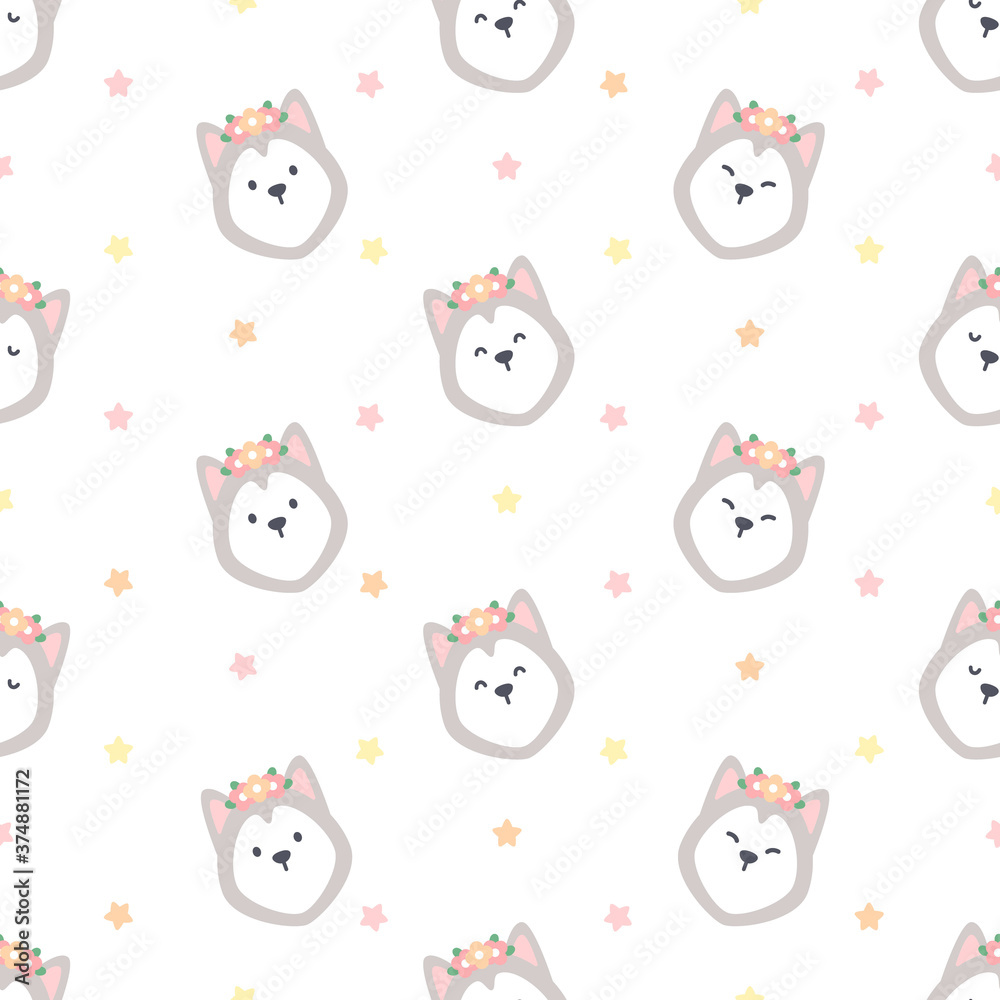 Cute siberian husky with flower crown seamless pattern background