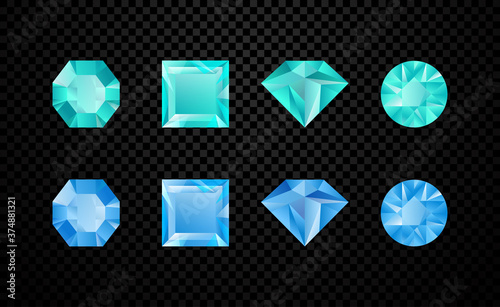 Set of eight different faceted gemstones in cool blue and aquamarine for design elements, colored vector illustration