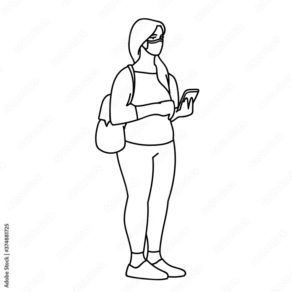 Masked woman searches for news about Covid-19 on the Internet in her phone. Monochrome vector illustration in simple linear style on white background. Young woman in medical mask standing with a phone