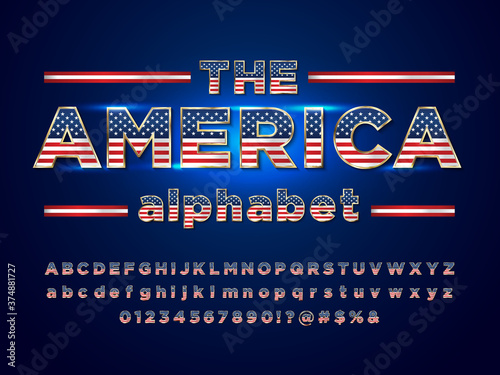 America flag style alphabet design with uppercase, lowercase, numbers and symbols