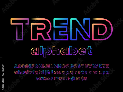 Colorful line style alphabet design with uppercase, lowercase, numbers and symbols