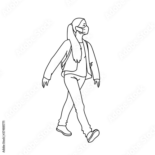 Masked girl takes a walk. Side view. Monochrome vector illustration in simple linear style isolated on white background. Pandemic concept. Young woman in medical mask walking while quarantine.