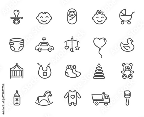 Wallpaper Mural Large set of icons for child concepts with baby accessories, toys and a smiling face of boy and girl, black and white vector design elements Torontodigital.ca