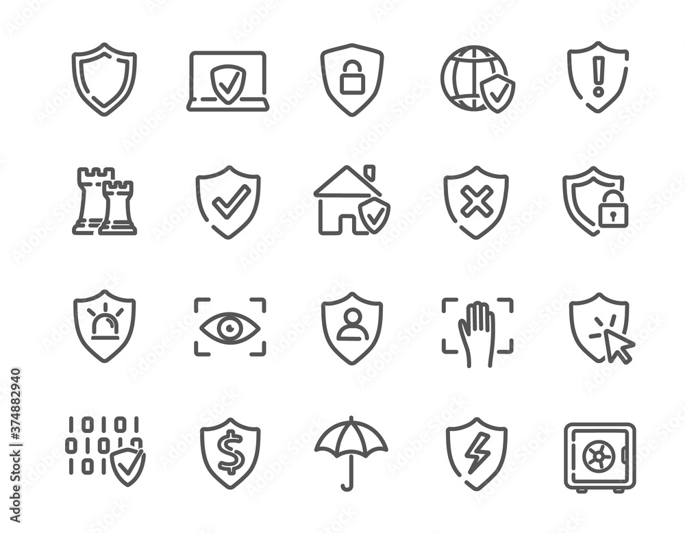 Large set of black and white vector line drawn Defence, security or protection icons or badges for design elements Large set of black and white vector line drawn Defence, security or protection icons or badges for design elements