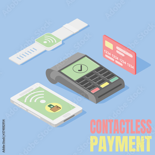 wireless or contactless payment operation cashless transfer and shopping with isometric design.