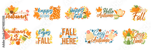 Fall typography set. Set of Fall quotes with autumns elements. Vector quotes isolated on white background. Vector set of hand drawn trendy lettering with colorful arts on theme of autumn.