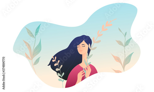 Beautiful tender girl with blue hair on a background of gradients and flowers. The woman is holding a sprig of fern. Enjoyment with nature.