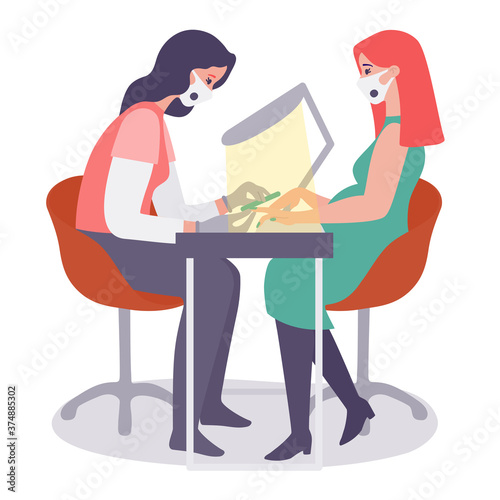 New normal. COVID-19 prevention in nail salon. Manicurist makes manicure for pregnant client during coronavirus pandemic. Safe manicure with medical masks and gloves