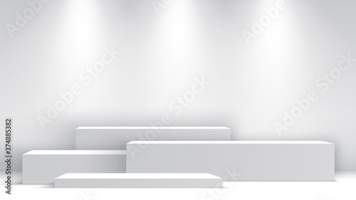 White blank podium with spotlights. Exhibition stand. Pedestal. Scene. Vector illustration.