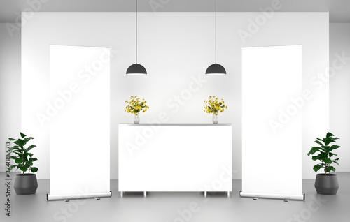 Roll Up Banner Stand Mockup in the reception.  3D rendering.