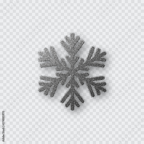 Glitter silver snowflake. Christmas decorative design element. Decoration for New Year holidays. Isolated on transparent background. Vector illustration.