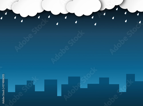 Cloud rain with building and town on blue background, rain season, cloudy day,weather forecast concept, rain promotion for advertising, vector illustration 