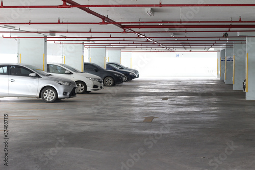 interior of parking garage with car
