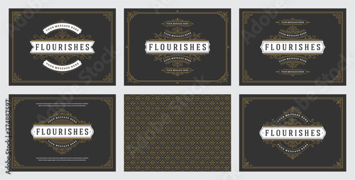 Vintage ornament greeting cards set templates flourish ornate frames and pattern background vector illustration