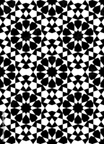Seamless Islamic Geometric Pattern in black and white.