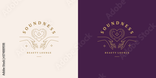 Elegant vector illustration of simple logo template with linear human hands holding and giving heart