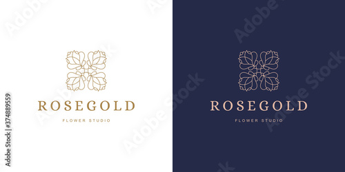 Rose flower petal line and branch with leaves vector logo emblem design template illustration minimal linear style