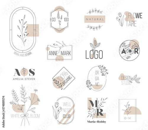 Wedding monogram, minimalistic Floral Logo, Flower modern collection templates for Invitation cards, Save the Date, identity for restaurant, boutique, cafe. Concept vector illustration