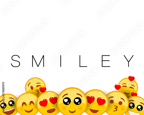 Smiley background with yellow emoticons with heart shaped eyes. Loving facial expression. Love, Valentines day. Empty blank space for text. Vector on isolated white background. EPS 10.