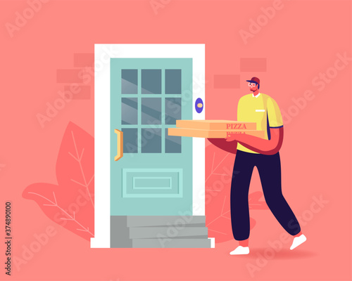 Express Food Delivery. Male Courier Deliver Pizza to Consumer Home Door. Online Order Internet Technology, Cafe Shipping