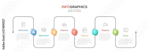 Concept of shopping process with 6 successive steps. Six colorful graphic elements. Timeline design for brochure, presentation, web site. Infographic design layout.