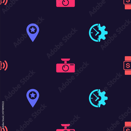 Set Clock and gear, Location with star, Car DVR and Contactless payment on seamless pattern. Vector.