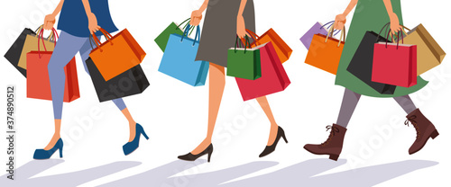 Shopping concept. Feet of women carrying a lot of colorful shopping bags walking on white background. Vector illustration in flat cartoon style.