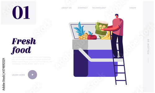 Food Refrigeration in Road Landing Page Template. Tiny Male Character Stand on Ladder Put Products into Huge Car Fridge