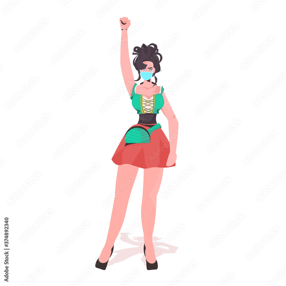 woman in traditional clothes wearing mask to prevent coronavirus pandemic Oktoberfest party celebration concept full length isolated vector illustration woman in traditional clothes wearing mask to prevent coronavirus pandemic Oktoberfest party celebration concept full length isolated vector illustration