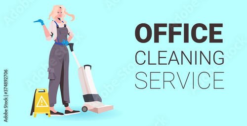 female professional office cleaner woman janitor in uniform with cleaning equipment full length copy space horizontal vector illustration