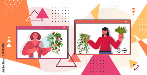 women taking care of houseplants housewives discussing during video call in web browser windows portrait horizontal vector illustration