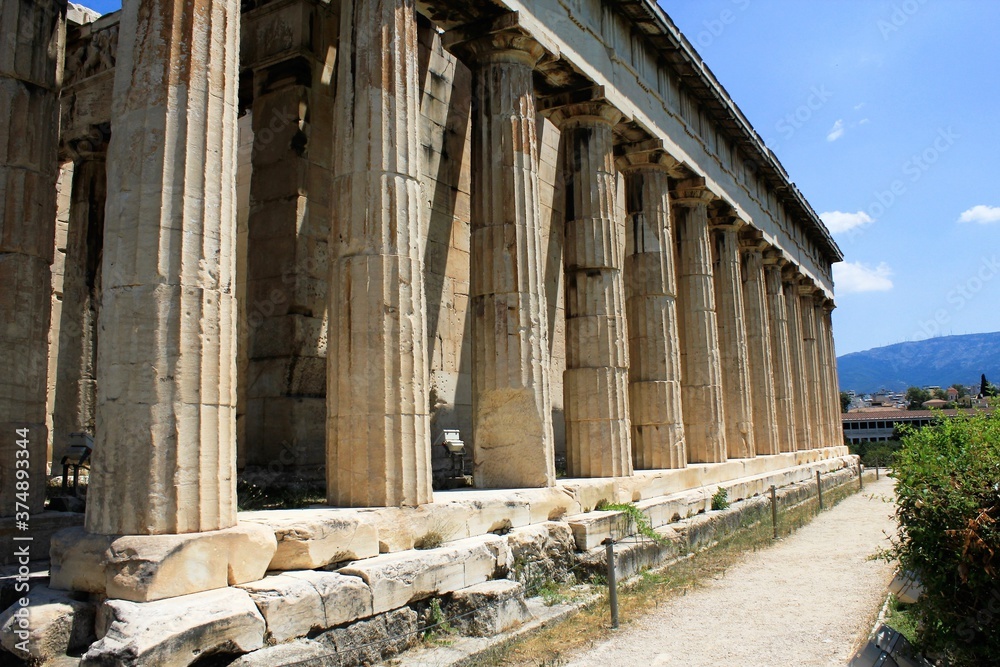The Temple of Hephaestus or Hephaisteion at the Ancient Agora archaeological site in Athens, Greece, July 27 2020.