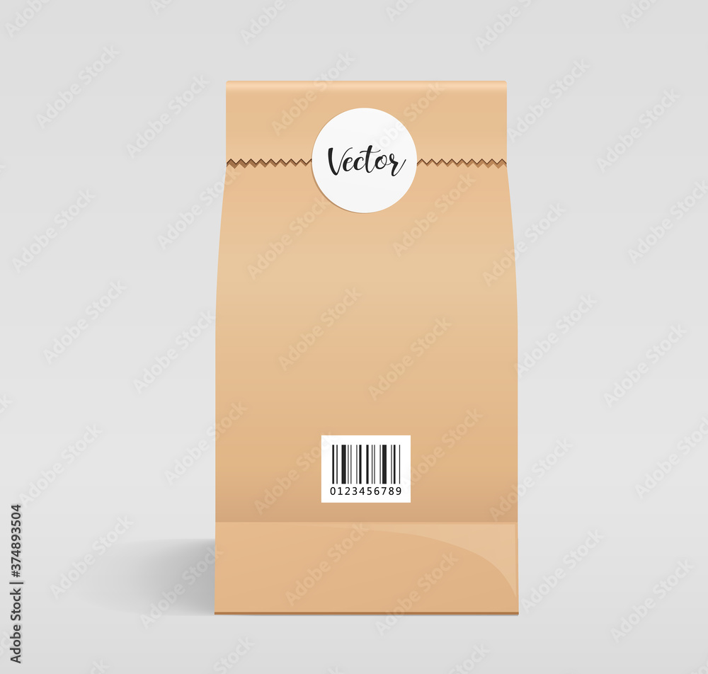 Brown paper bag folded front design, mouth bag there are circle stickers template, on gray background Eps 10 vector illustration Brown paper bag folded front design, mouth bag there are circle stickers template, on gray background Eps 10 vector illustration