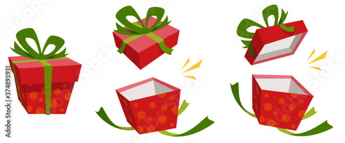 Open the gift box with red polka dot. On white background. Concept of shopping, sale, gift, birthday, surprise, etc. Vector illustration in flat cartoon style.