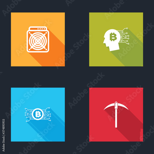 Set ASIC Miner, Bitcoin think, Cryptocurrency bitcoin circuit and Pickaxe icon. Vector.