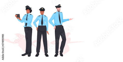 male police officers standing together policemen in uniform security authority justice law service concept horizontal full length vector illustration