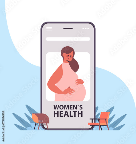 pregnant woman patient on smartphone screen using mobile app online gynecology consultation healthcare service medicine concept portrait vector illustration