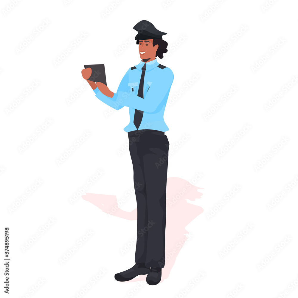 male police officer using tablet pc policeman in uniform security authority justice law service concept full length vector illustration