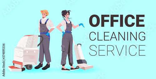 female professional office cleaners women janitors in uniform with cleaning equipment standing together full length copy space horizontal vector illustration