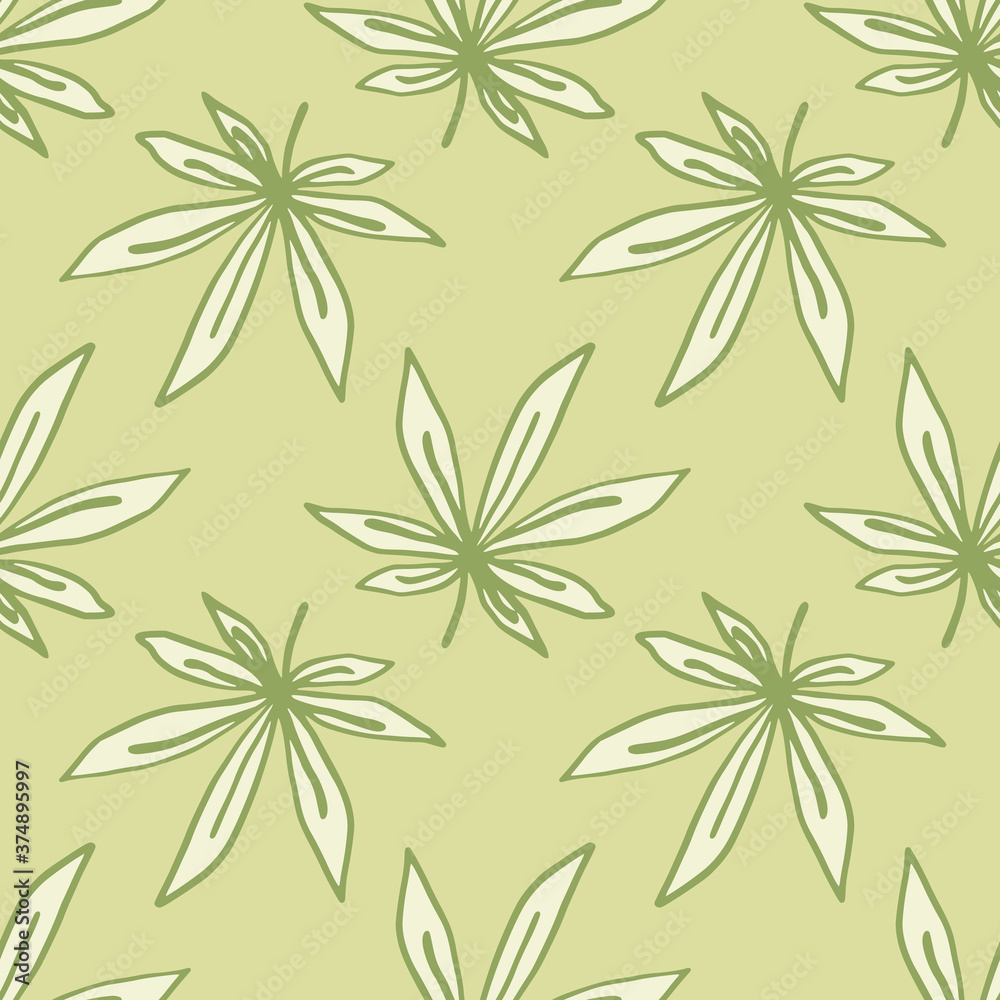 Fototapeta premium Doodle seamless ganja ornament pattern. Artwork in pastel palette. Light green contoured leafs and beige background.